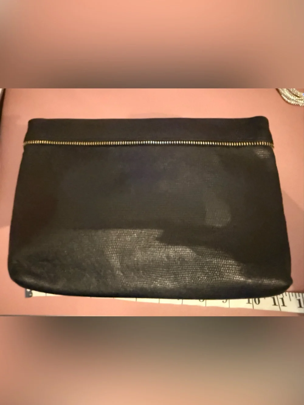 Lauren Merkin Black Snakeskin Clutch with Gold Zipper Accent